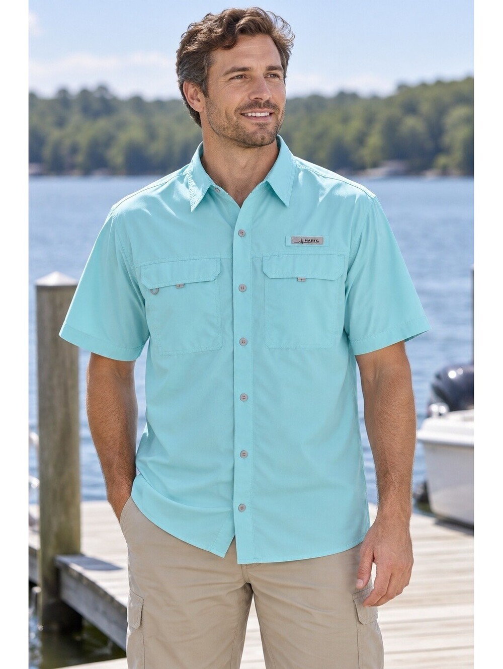 Habit Men’s M Blue Short Sleeve Button Up Shirt UV Protection Pockets TS1155
